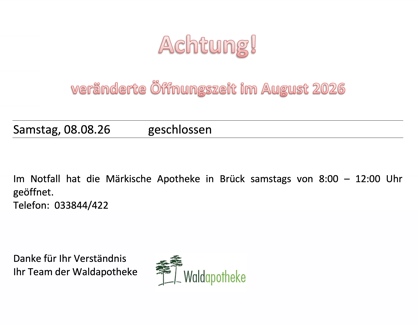 Achtung! Vorübergehend geänderte Öffnungszeiten am 08.08.2026 Achtung! Vorübergehend geänderte Öffnungszeiten am 08.08.2026